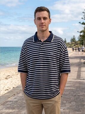 CHECKPOINT VTG Striped Navy and White cotton men’s Polo Shirt Size Large